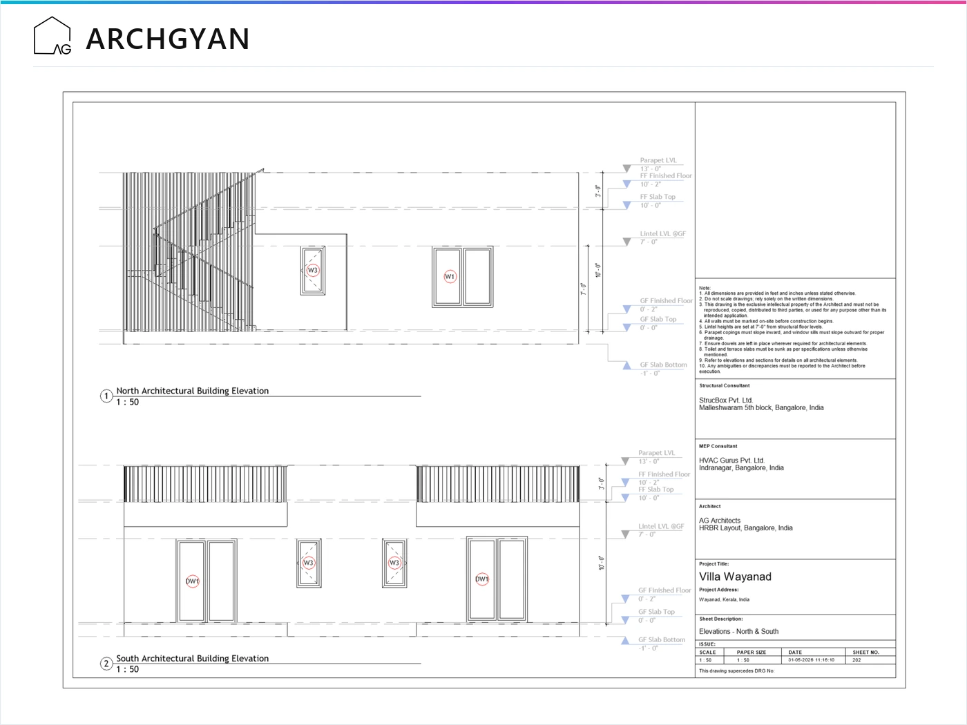 North and south architectural elevations with levels and window tags in Revit