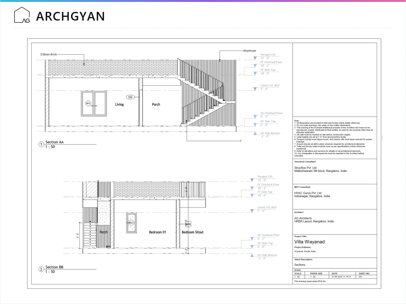 Building sections showing materials, levels and stair details in Revit