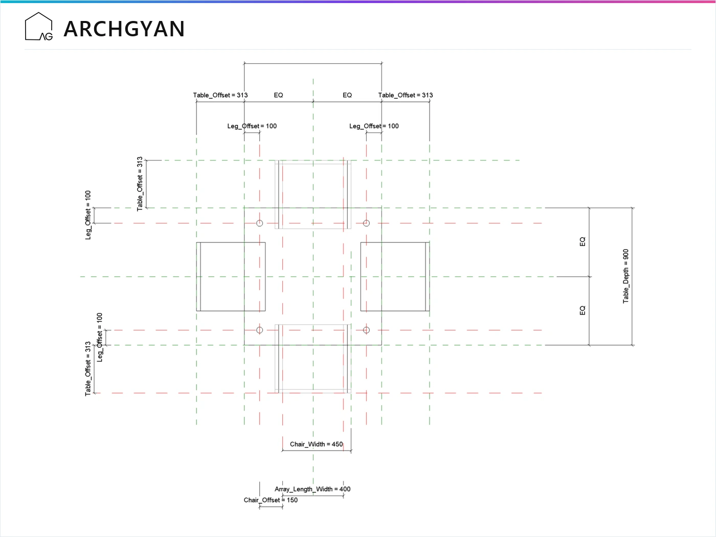 Parametric dining table and chairs family with labelled dimensions in the Revit family editor
