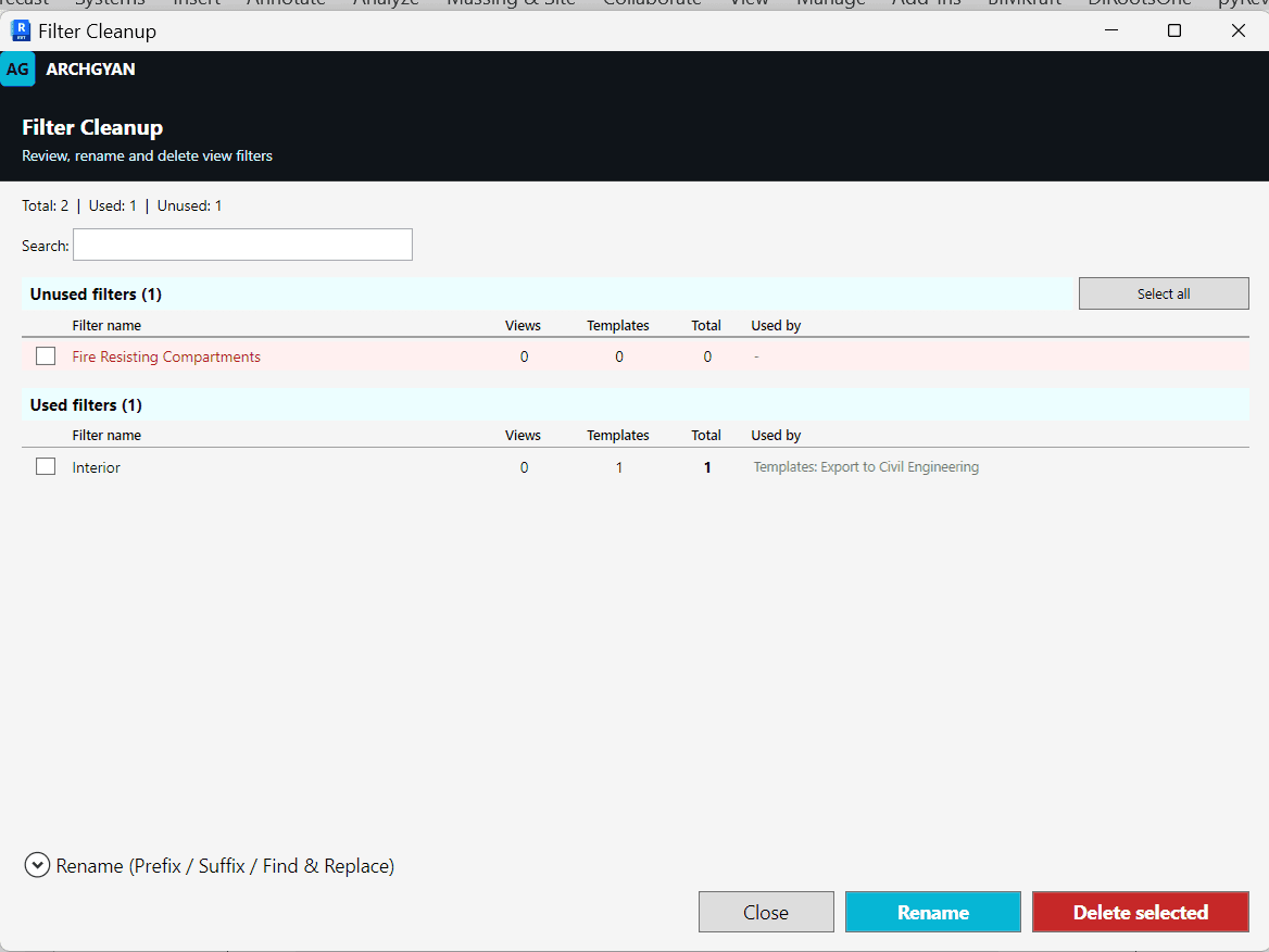 Filter Cleanup window — review, rename and delete view filters