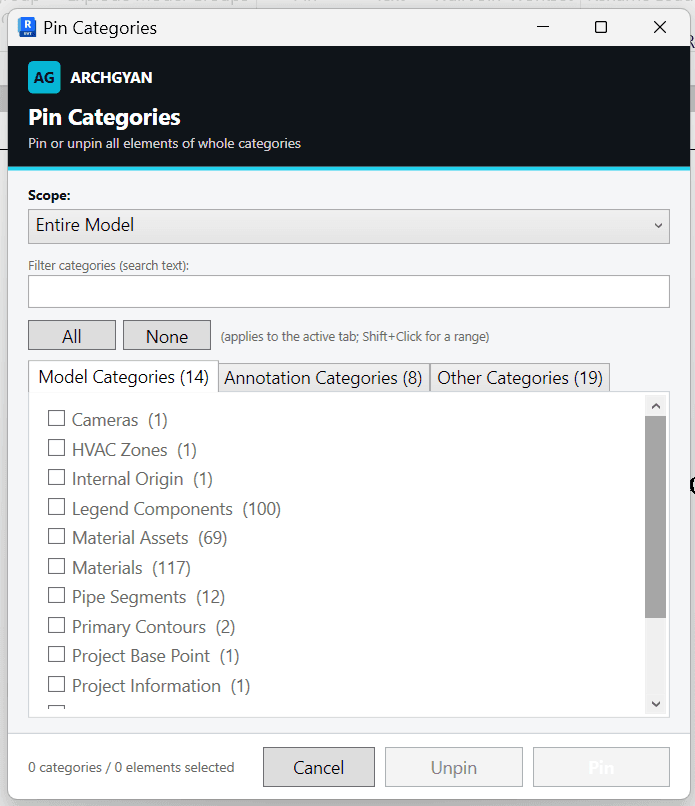 Pin Categories window — pin or unpin all elements of whole categories