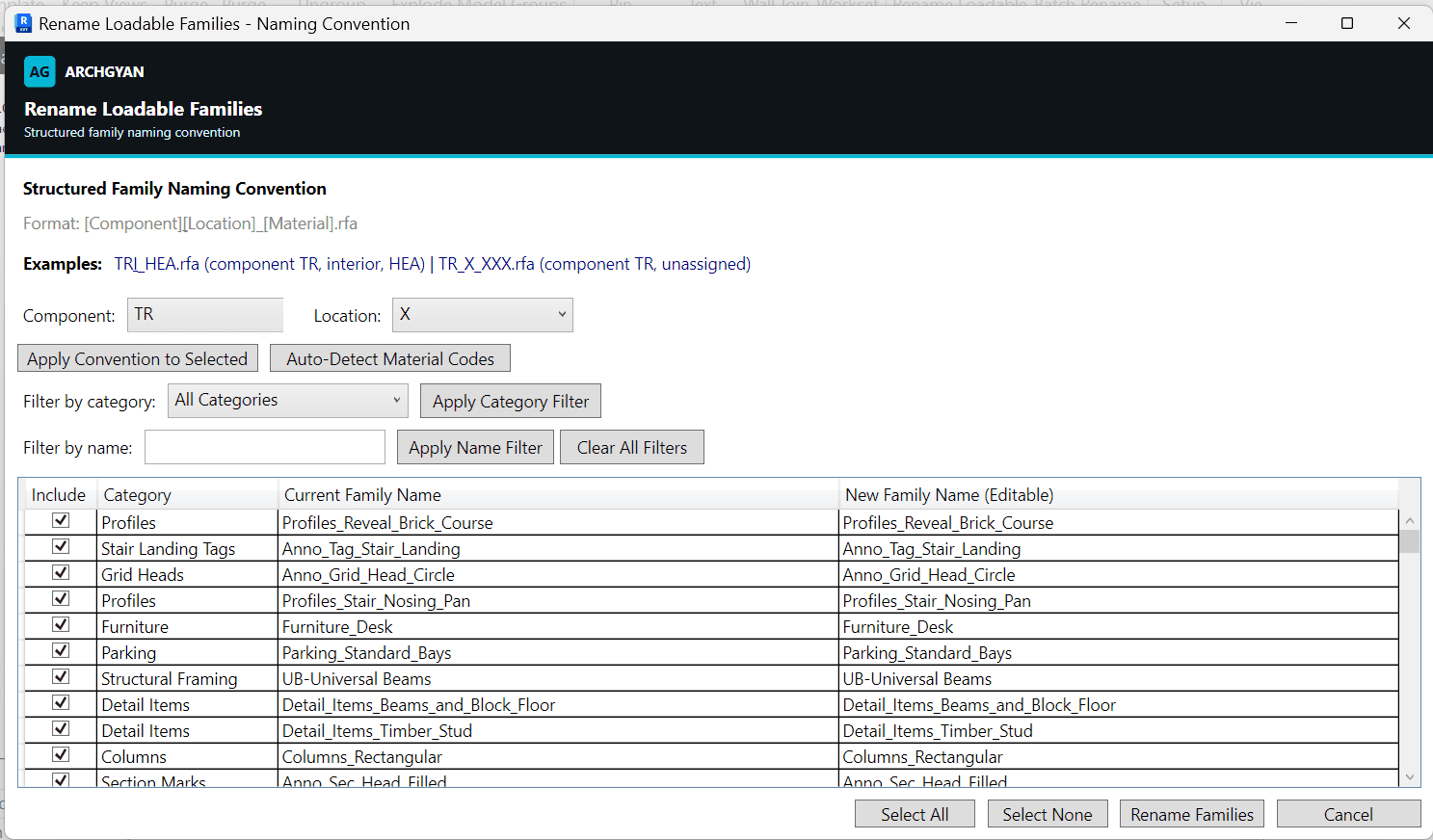 Rename Loadable Families window — structured family naming convention