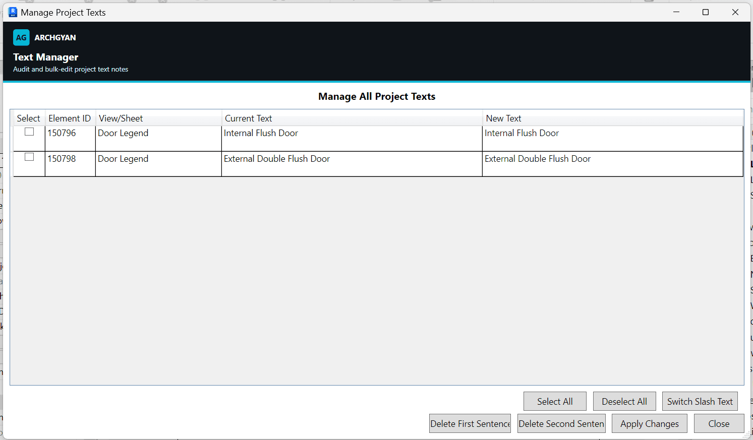 Text Manager window — audit and bulk-edit project text notes
