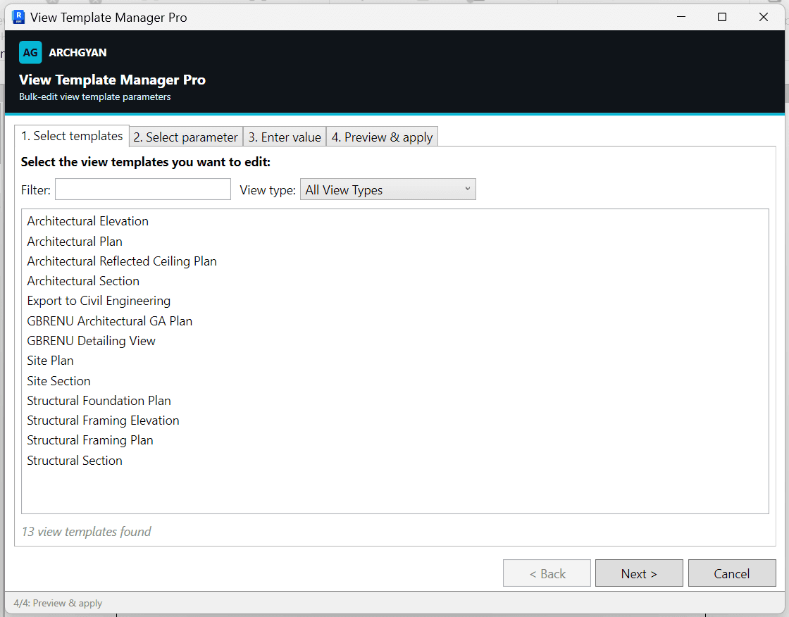 View Template Manager Pro window — bulk-edit view template parameters
