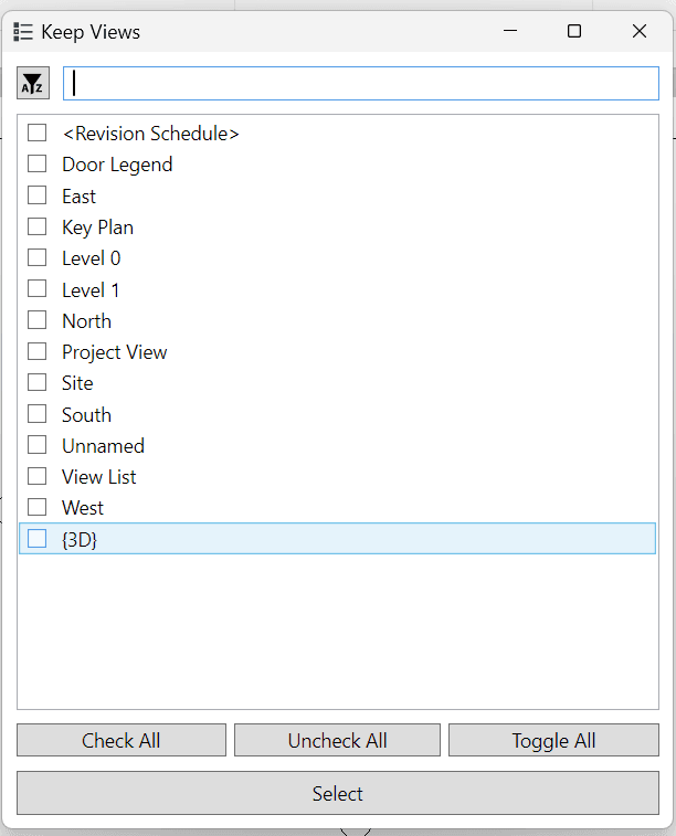 Keep Views window — pick the views to keep, delete the rest
